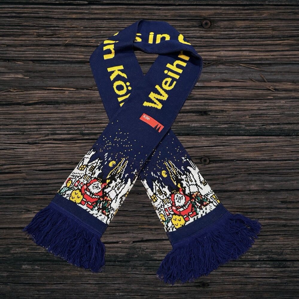 Christmas in Cologne Scarf Blue Fringe Köln Germany Santa Cathedral 66” Long